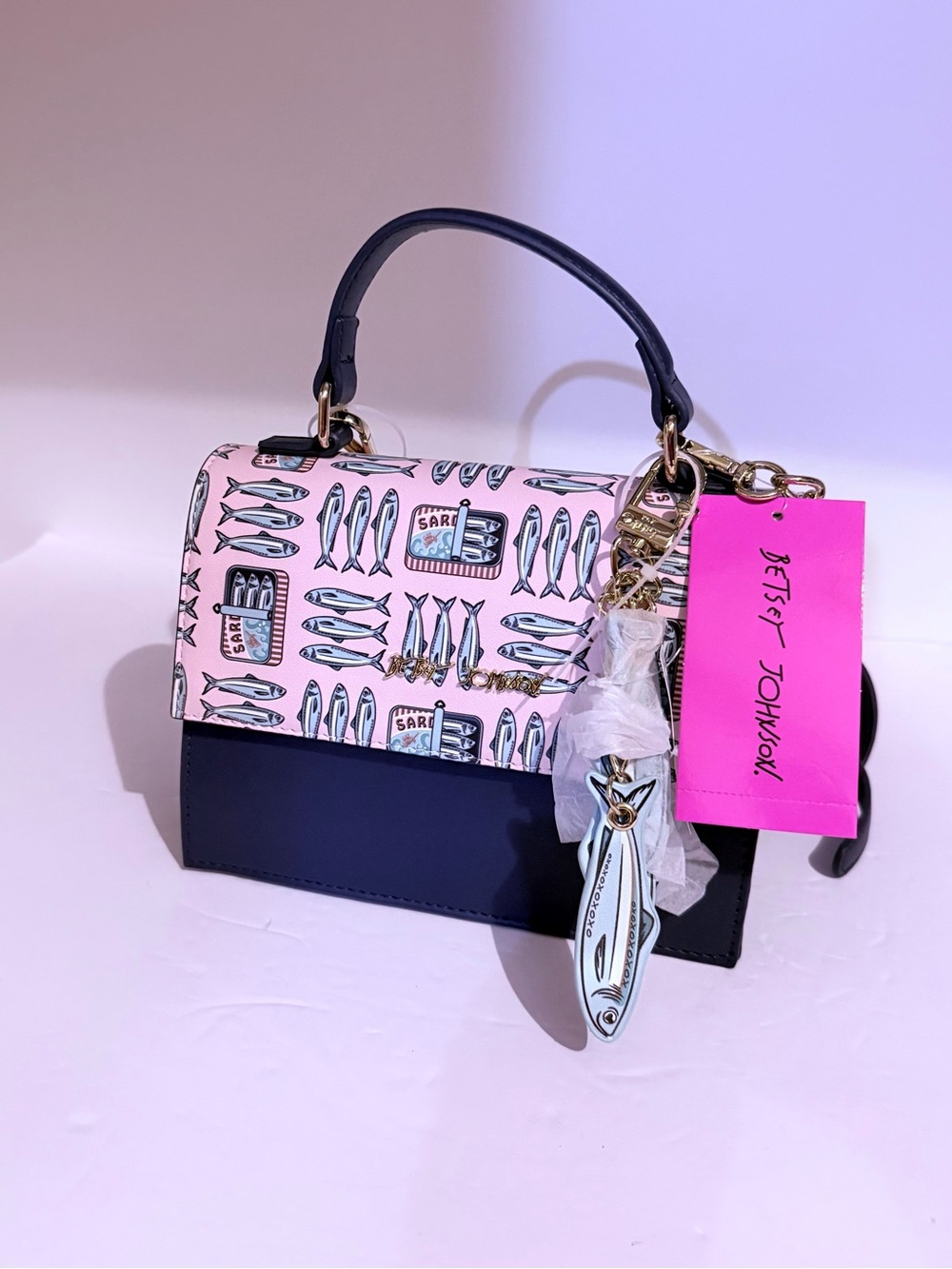 Betsey Johnson Pink Fish-Print Top-Handle Satchel with Black Base